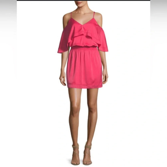 Trina Turk Colusa Cold-Shoulder Stretch Silk Ruffle Dress Size M Hot Pink - Picture 1 of 5